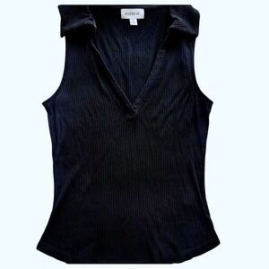 Evereve Womens Black Ribbed Knit Collared V-Neck Sleeveless Polo Tank Top Small